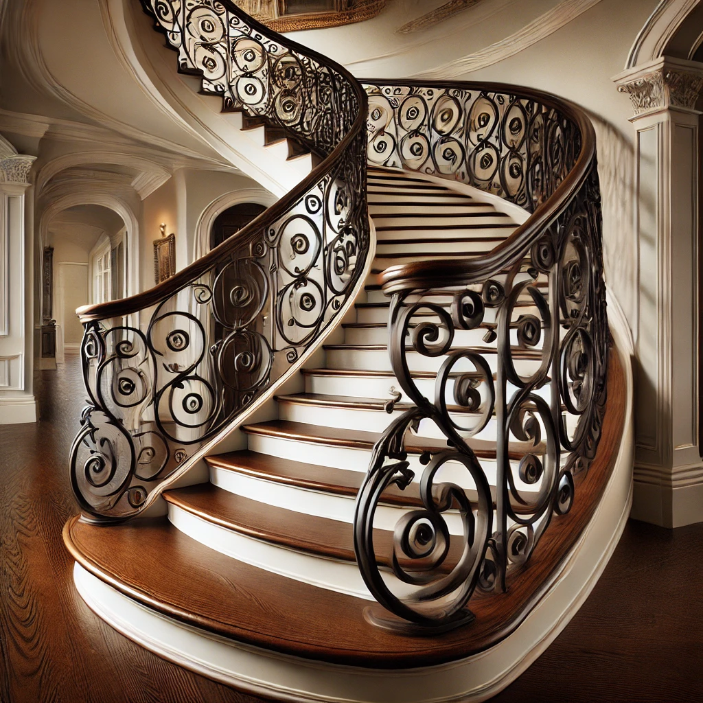 Classic Flight Of Curved Stairs W Ribbon Twist Scroll Iron By Experienced Stair Builders In Palm Beach. High-Quality Designs And Craftsmanship. stairspalmbeach.com