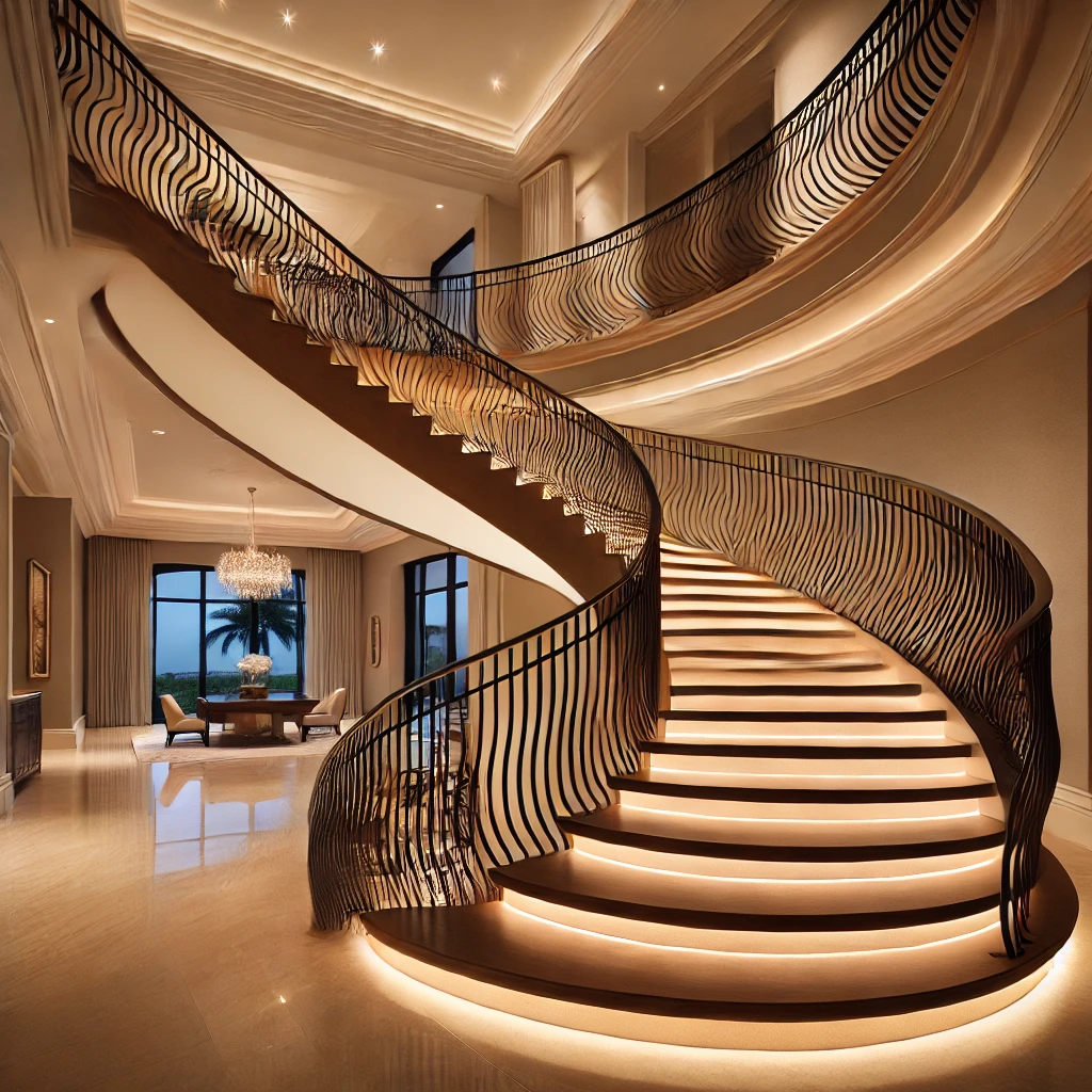 Curved Open Riser Stairs With Custom Single Unit Iron Rail By Experienced Stair Builders In Palm Beach. High-Quality Designs And Craftsmanship. stairspalmbeach.com