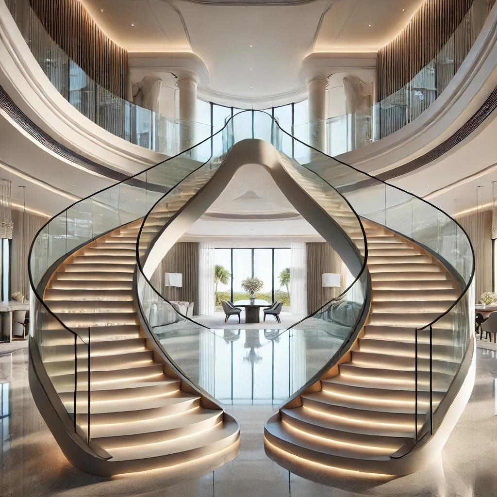 Double Free Standing Curved Stair With Glass Balustrade By Experienced Stair Builders In Palm Beach. High-Quality Designs And Craftsmanship. stairspalmbeach.com
