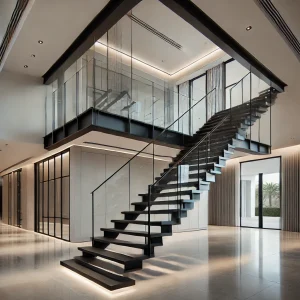Modern Staircase Satin Black Free Standing Open Rise Stairs With Glass Panels By Experienced Stair Builders In Palm Beach. High-Quality Designs And Cr. stairspalmbeach.com