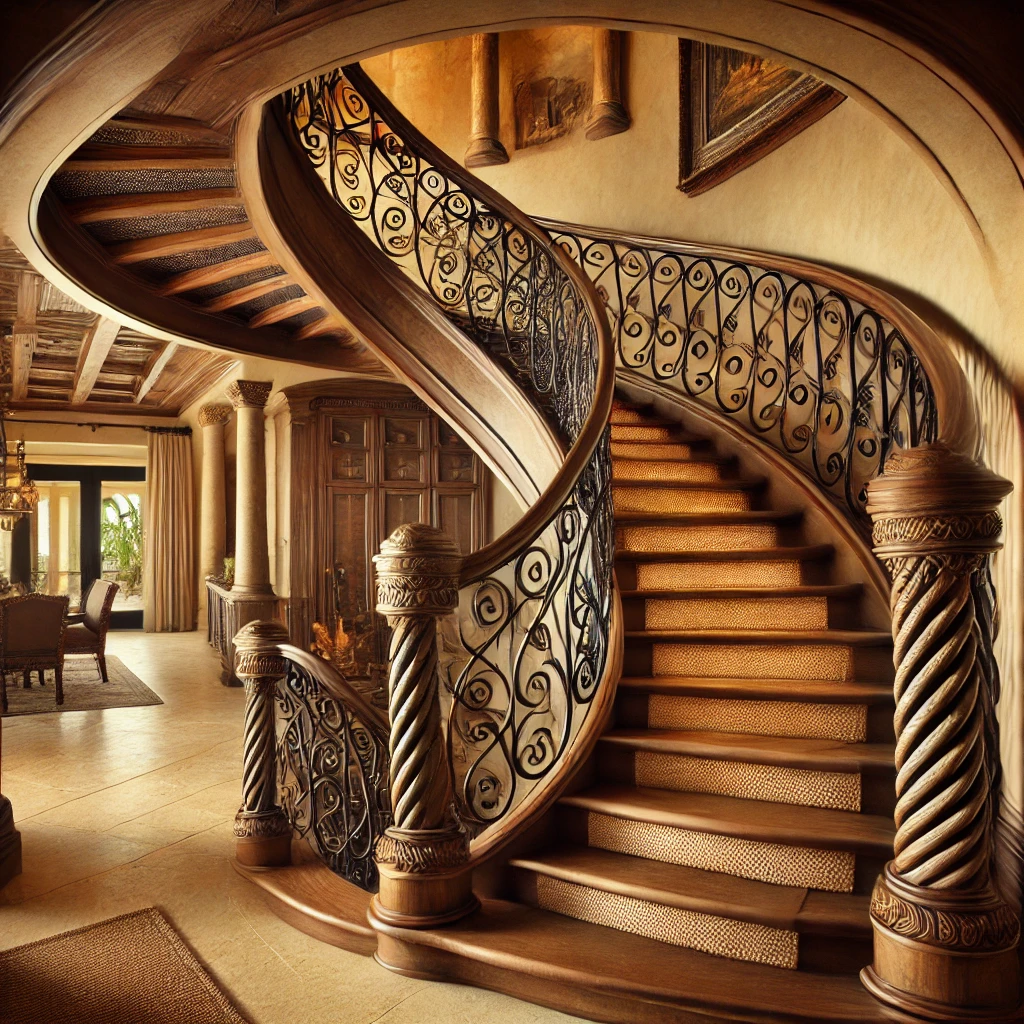 Rustic Curved Stair With Woven Wrought Iron Spindles By Experienced Stair Builders In Palm Beach. High-Quality Designs And Craftsmanship. stairspalmbeach.com