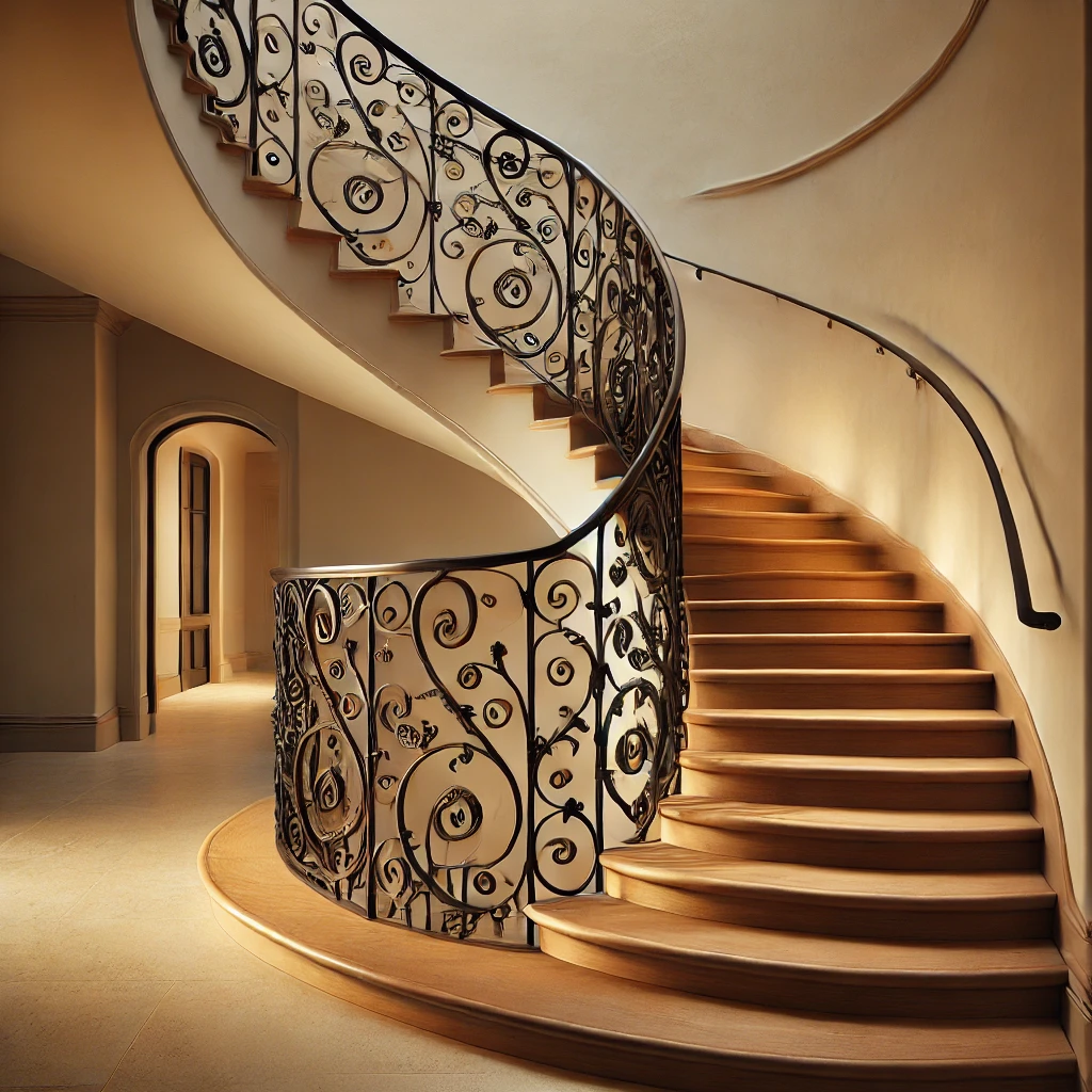 Simple Curved Stair With Custom Castilian Wrought Iron By Experienced Stair Builders In Palm Beach. High-Quality Designs And Craftsmanship. stairspalmbeach.com