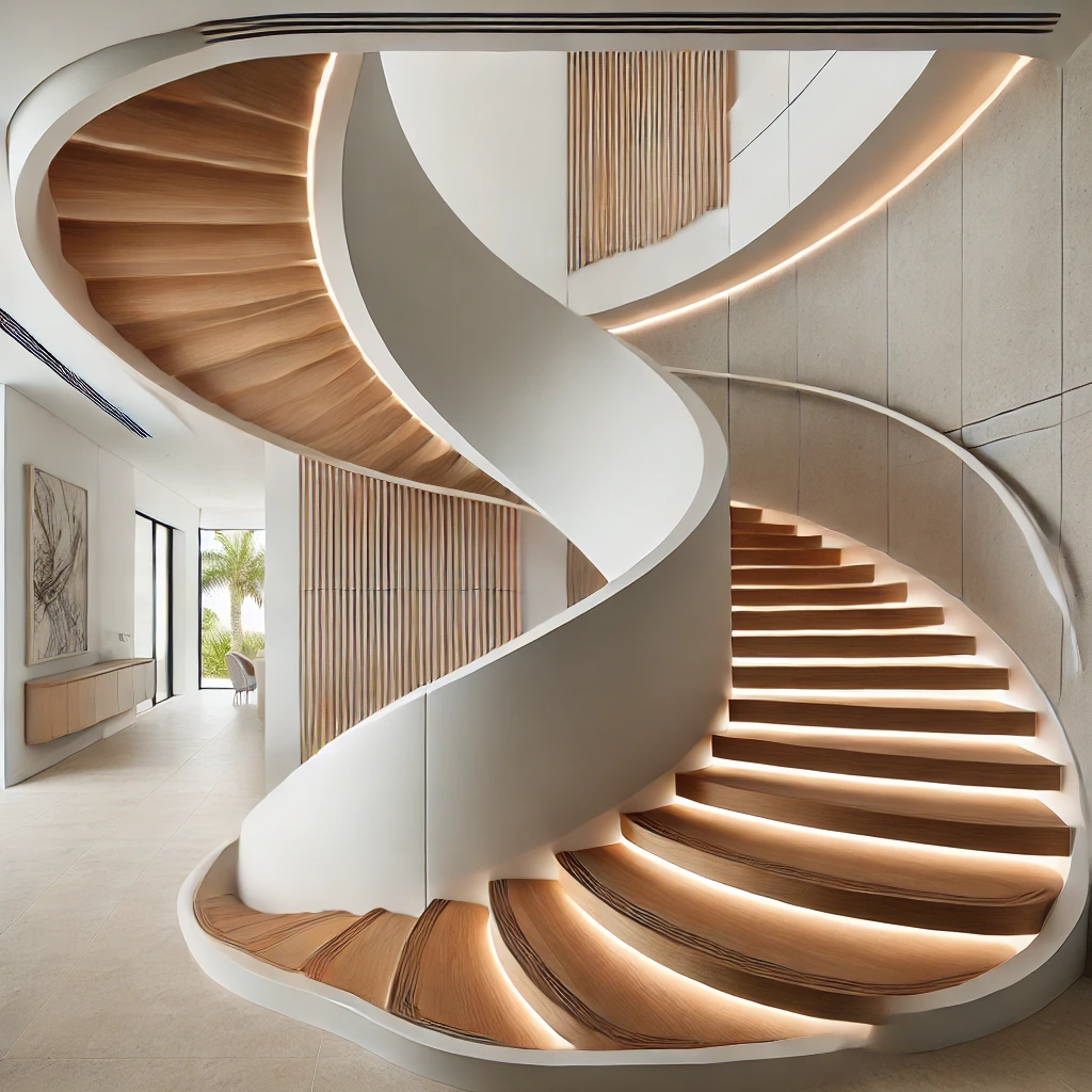 Unique Wall Supported Curved Stairs With Partial Reveal Trea By Experienced Stair Builders In Palm Beach. High-Quality Designs And Craftsmanship. stairspalmbeach.com