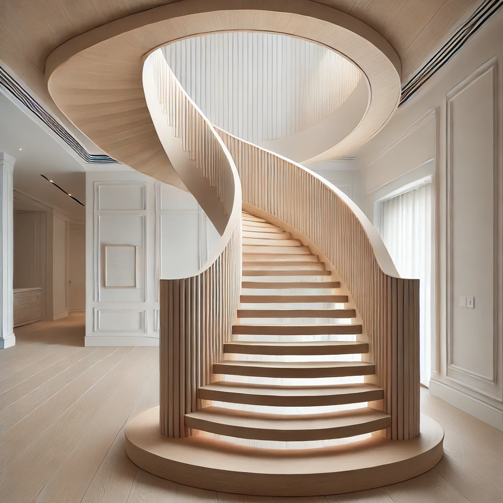 White Oak Mono Stringer Curved Stairs With Open Ends By Experienced Stair Builders In Palm Beach. High-Quality Designs And Craftsmanship. stairspalmbeach.com